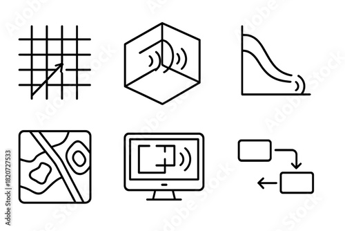 Acoustic Simulation Icons. Line style icons of Acoustic Simulation and Modeling: sound ray tracing grid, 3D acoustic model, reverb