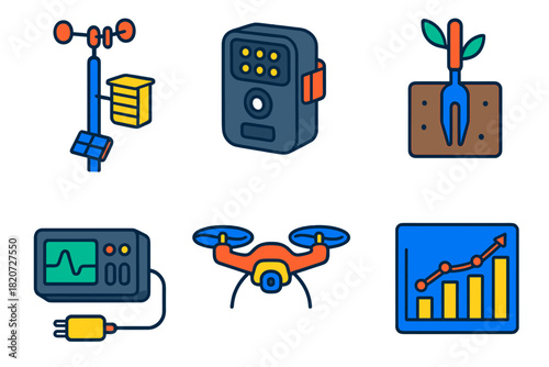 Ecosystem Monitoring Tools. Isometric vector illustration set Ecosystem Monitoring: weather station pole, camera trap, soil