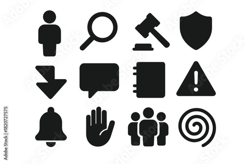 Human Oversight Icons. Solid style icons of human oversight and intervention: human figure, magnifying glass, gavel, shield, arrow