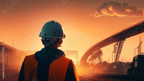 Engineer observing curved construction at sunset  