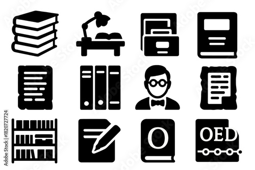 Oxford Dictionary Symbols. Solid style icons of the Oxford English Dictionary compilation: giant book stack, editorial desk,
