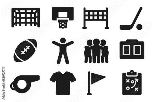 Sports Icons Collection. Solid style icons of team sports: soccer goal, basketball hoop, volleyball net, hockey stick, rugby ball,