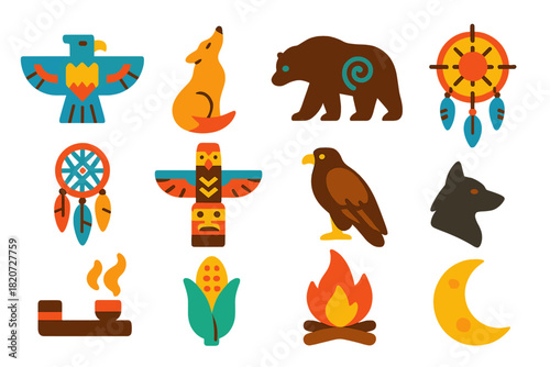 Native Myth Icons. Flat vector icons of Native American Myths: Thunderbird, Coyote, Spirit Bear, Sun Dance, Dreamcatcher, Totem