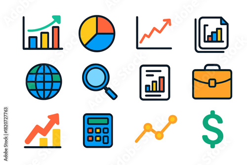 Flat Market Icons. Flat vector icons of Market Analysis: Graph, Pie Chart, Line Chart, Globe, Magnifying Glass, Report, Growth