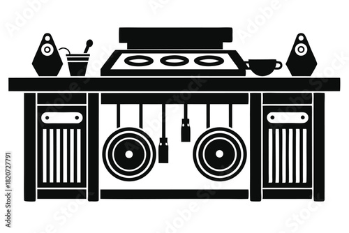 Black silhouette of a vintage kitchen counter with cooking utensils in a image