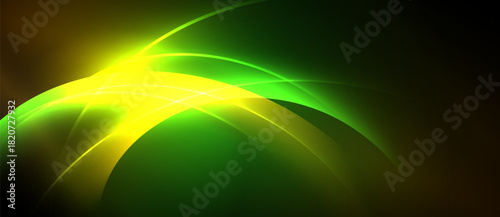 Abstract design features vibrant curves, yellow glows, green shades. Dynamic composition creates energetic visual impact. Smooth transitions dominate.