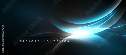 Dark blue abstract background. Bright light radiates from center, creating dynamic curves, smooth gradients. Text reads background design.