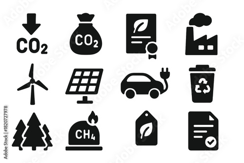 Carbon Policy Icons. Solid style icons of carbon management policies: emission reduction, carbon tax, offset certificate,