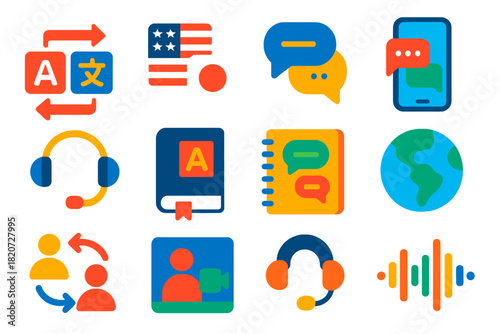 Multilingual Interaction Icons. Flat vector icons of multilingual interaction: translation arrows, flag icons, speech bubbles,