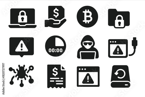 Ransomware Scenario Icons. Solid style icons of ransomware scenarios: locked computer, payment demand, bitcoin symbol, encrypted
