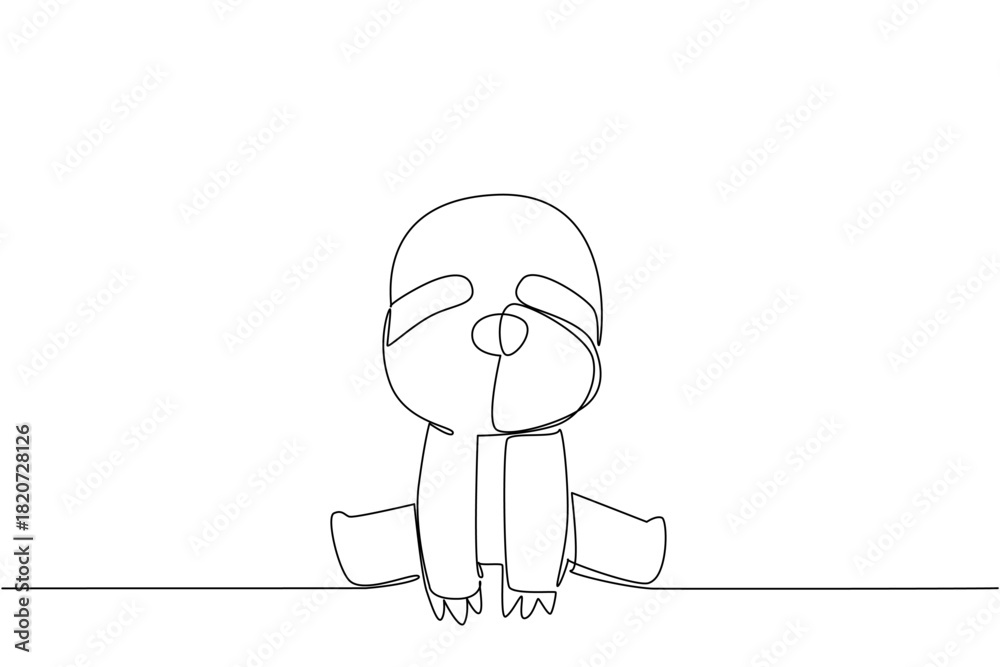 Naklejka premium Single line drawing of a small, cute baby sloth sitting down, representing slowness, relaxation, and tropical wildlife. Animal nature concept related to an international event Tropical Wildlife Day.