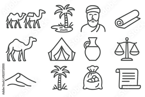 Ancient Trade Icons. Line style icons of Ancient Trade: Caravan, Oasis, Trader, Silk Roll; Camel, Tent, Water Jar, Scale; Sand