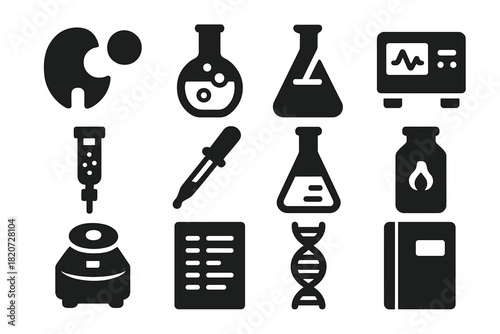 Biochemistry Experiment Icons. Solid style icons of biochemistry experiments: enzyme, substrate, reaction flask, spectrophotometer