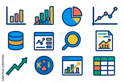 Data Analytics Icons. Flat vector icons of data analytics: chart, bar graph, pie chart, line graph, database, dashboard,
