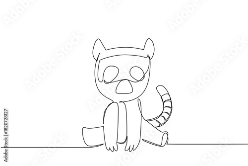 Single line drawing of a small, cute lemur sitting down with its ringed tail visible, symbolizing exotic wildlife from Madagascar. Nature concept related to an international event Animal Conservation