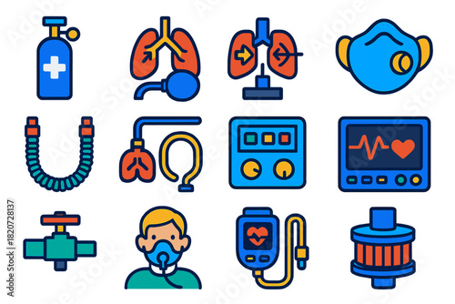 Artificial Lungs Icons. Flat vector icons of Artificial Lungs: Oxygen Tank, Respirator, Airflow Sensor, Mask, Tubing, Ventilator,