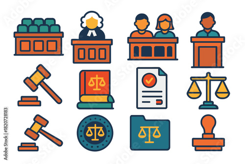 Modern Court Icons. Flat vector icons of Court & Justice: Courtroom, Judge Bench, Jury, Witness Stand, Gavel, Legal Books,