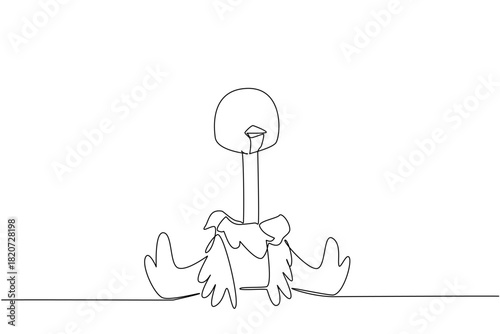 Single line drawing of a small, cute ostrich sitting upright with its wings and long neck visible, symbolizing a large flightless bird. Nature concept of international event Bird Conservation Day.