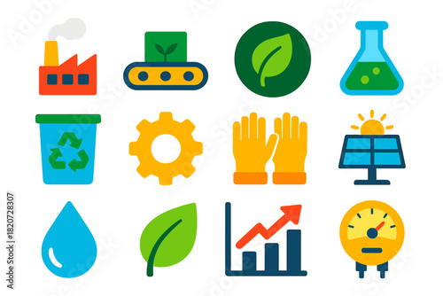 Sustainable Icons Set. Flat vector icons of Sustainable Materials Industry: Factory, Conveyor Belt, Eco Logo, Laboratory Flask,
