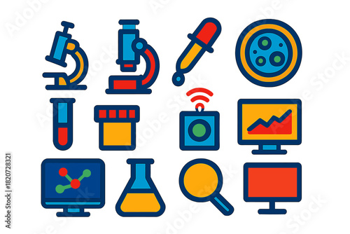 Nanotechnology Tool Icons. Flat vector icons of Nanotechnology Tools: Microscope, Electron Microscope, Pipette, Petri Dish, Test