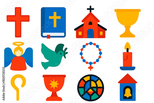 Christian Symbols Icons. Flat vector icons of Christianity Symbols: Cross, Bible, Church, Chalice, Angel, Dove, Rosary, Candle,