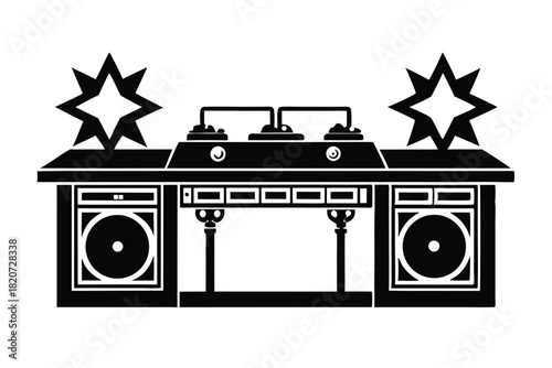 Silhouette of a DJ setup featuring turntable mixers and speakers with geometric starbursts on top