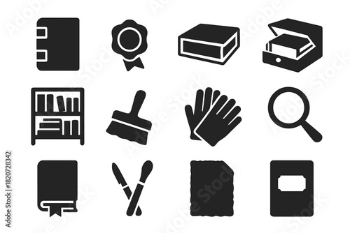 Book Preservation Elements. Solid style icons of book preservation: leather binding, wax seal, protective case, archival box,