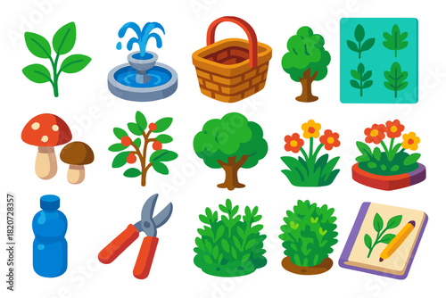 Urban Foraging Essentials. Isometric vector illustration set Urban Foraging: wild edible plant, city park fountain, hand basket,