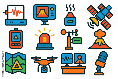 Volcanic Monitoring Icons. Flat vector icons of Volcanic Monitoring Systems: Seismograph, Thermal Camera, Gas Sensor, Satellite,