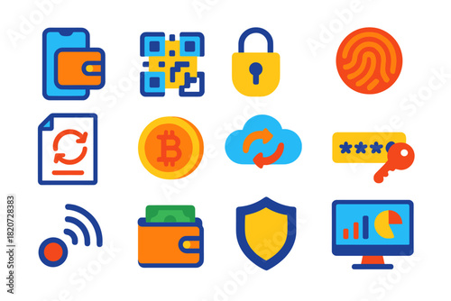 Modern Digital Wallet Icons. Flat vector icons of digital wallets: mobile wallet, QR code, security lock, fingerprint