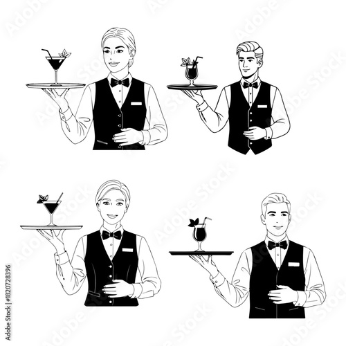 A professional waiter character in a uniform with a bow tie serving a refreshing cocktail on a tray
