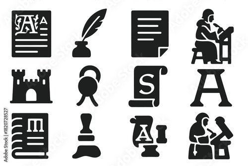 Medieval Writing Icons. Solid style icons of medieval writings: illuminated manuscript, quill pen, ink pot, vellum page, scribe