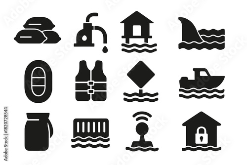 Flood Preparedness Icons. Solid style icons of flood preparedness: sandbags, water pump, elevated house, levee barrier, inflatable