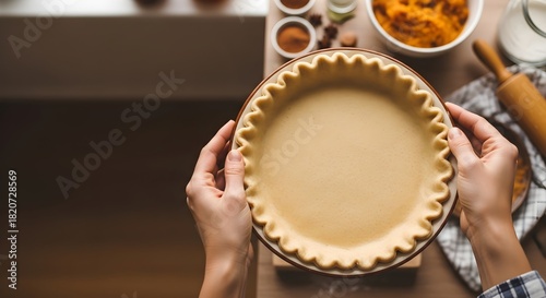 Hands preparing a homemade pie crust in a glass baking dish, with autumnal ingredients in the background, symbolizing the cozy joy of home baking and dessert creation