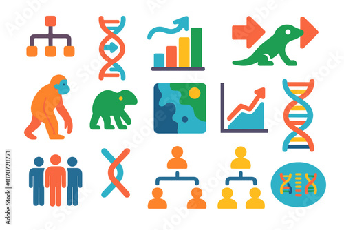 Evolution Icons Set. Flat vector icons of evolutionary systems: branching tree, mutation icon, adaptation chart, selection arrows,