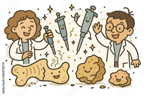 Cheerful Protein Discovery. Playful doodle ancient protein recovery with happy researchers, cartoon pipettes waving, smiling