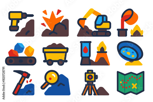 Modern Mining Icons. Flat vector icons of Mining Processes: Drilling, Blasting, Excavation, Smelting, Sorting, Transportation,