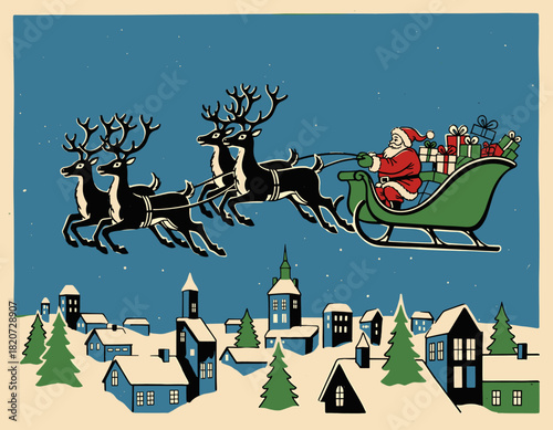 santa, claus, reindeer, flying, sleigh, city, town, village, snow, snowy, night, christmas, eve, holiday, festive, gifts, presents, winter, scene, illustration, drawing, retro, vintage, classic, graph