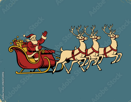 Traditional, dynamic illustration of Santa Claus sitting in his red sleigh, holding the reins as a single reindeer pulls him forward. The sleigh is loaded with gifts. Excellent for classic holiday the
