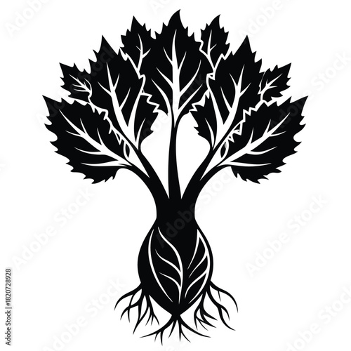 A stylized black plant shows roots, bulbous stem and sharp green leaves