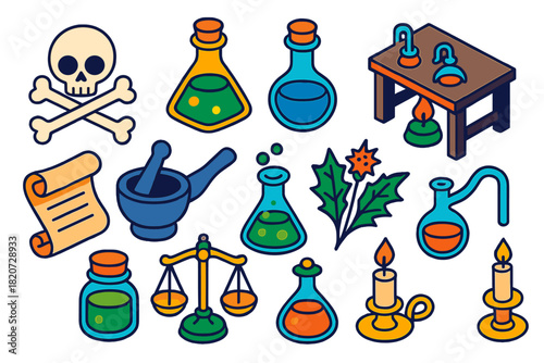 Vintage Toxicology Set. Isometric vector illustration set Vintage Toxicology: crossbones motif, poison vial, antidote flask,