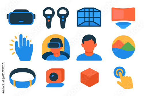 Modern VR Icon Set. Flat vector icons of virtual reality: VR headset, motion controllers, 3D grid, holographic screen, hand