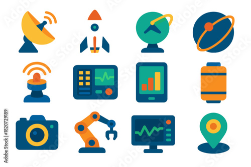 Space Tool Icons. Flat vector icons of Space Industry Tools: Satellite Antenna, Launch Vehicle, Radar, Orbital Map, Sensor,