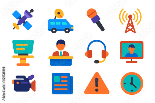 Broadcasting Icon Set. Flat vector icons of News & Broadcasting: Satellite, News Van, Microphone, Broadcast Tower, Teleprompter,