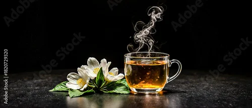 Panel kuchenny z motywem Delicate cup of jasmine tea with fresh jasmine flowers on a black background, highlighting elegance, freshness, and a calming tea experience.