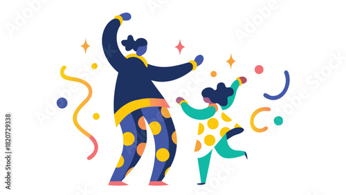 Dynamic composition featuring a taller and a smaller abstract figure rendered in vibrant cmyk colors with clean vector lines suitable for graphic design and illustration projects