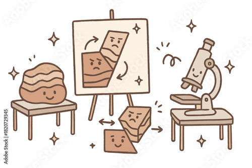 Whimsical Tectonics Lab. Whimsical doodle tectonophysics lab with smiling rock layers, cartoon faults with faces, tiny arrows
