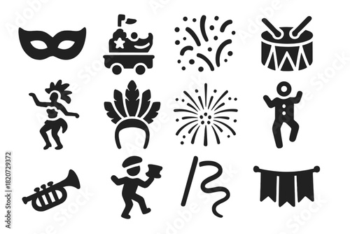 Global Festival Icons. Solid style icons of global festivals: carnival mask, parade float, confetti, drum, samba dancer, feather