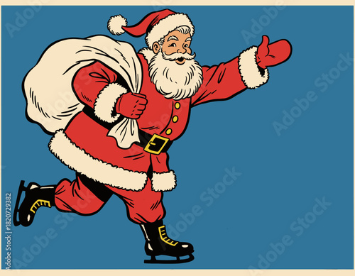 Classic, cheerful illustration of Santa Claus running on ice skates, giving a thumbs up and carrying his sack full of presents over his shoulder. This retro Christmas graphic is perfect for holiday sp