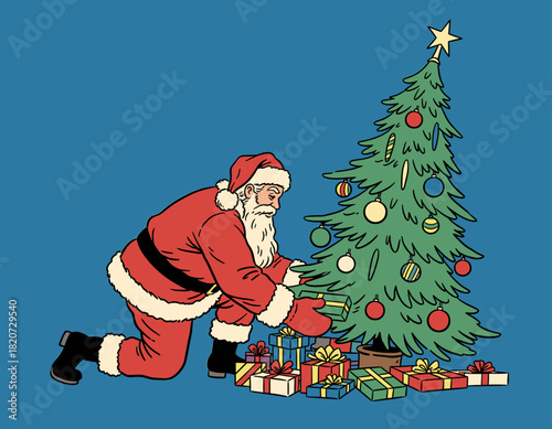 Charming, classic illustration of Santa Claus kneeling by a decorated green Christmas tree, carefully placing a wrapped gift from his sack onto the floor. This retro scene is ideal for traditional hol